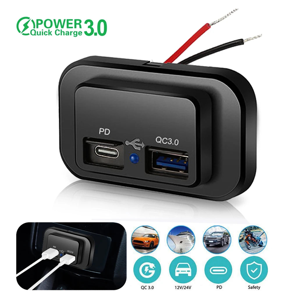 Dual USB Car Charger Socket 12V/24V Fast Charging with LED