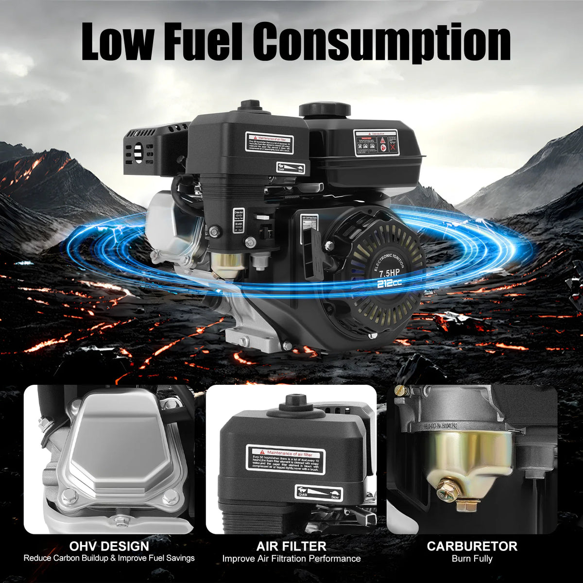 7.5HP 212cc 4-Stroke Gas Engine with Pull Start