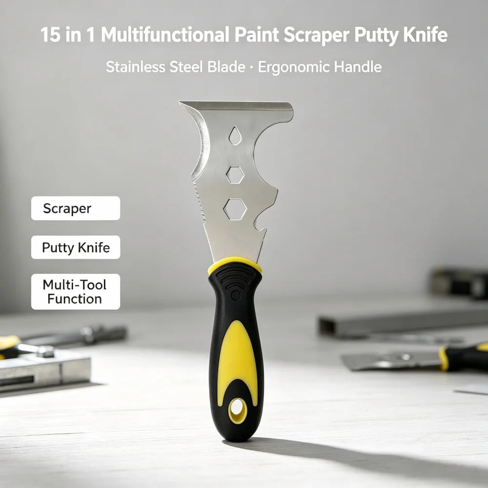 15in1 Multifunctional Paint Scraper Putty Knife with Dual Color Handle Easy to Clean