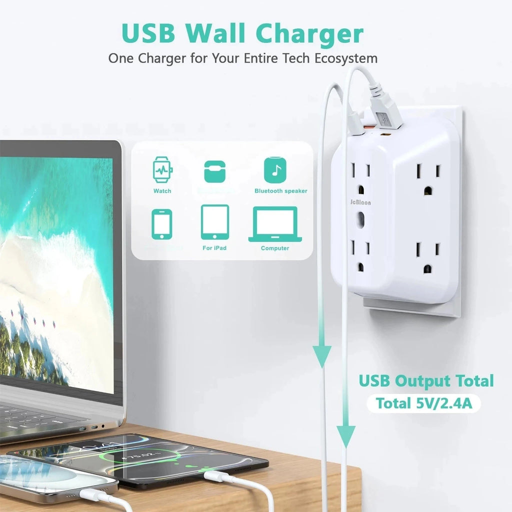 6-Outlet Surge Protector with 4 USB Ports (2A + 2C)