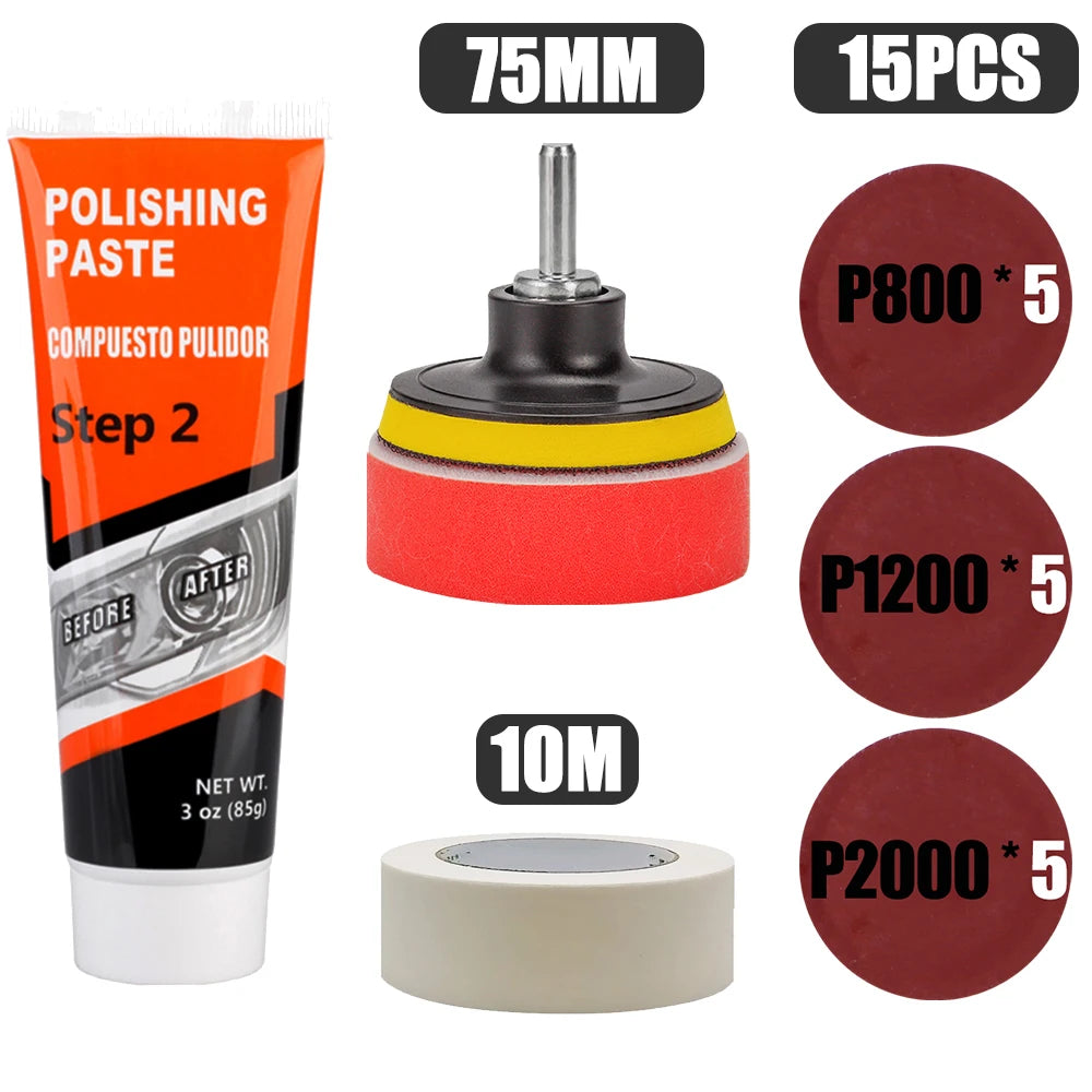 Car Headlight Restoration Kit with Polishing Paste, Sanding & Wax