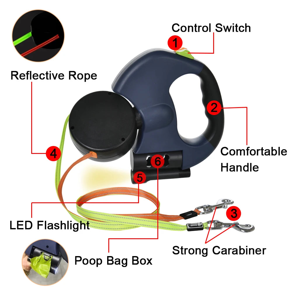 Retractable Dual Dog Leash with Light, 3m, for Small Dogs