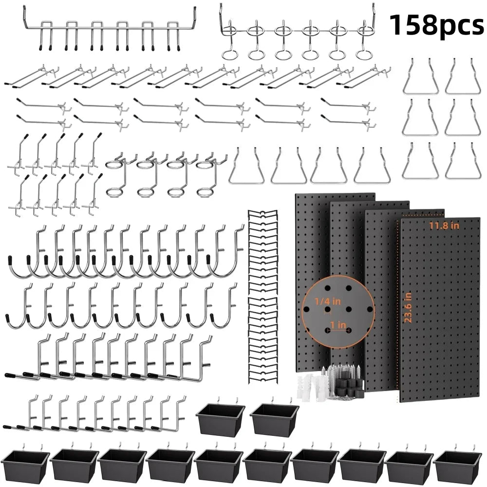 158PCS Metal Pegboard Wall Organizer 12x24 Inch Black Panels Kit with Hooks and Bins