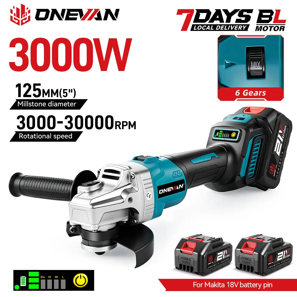 Cordless Angle Grinder 125mm 6-Speed Brushless for Makita 18V Battery