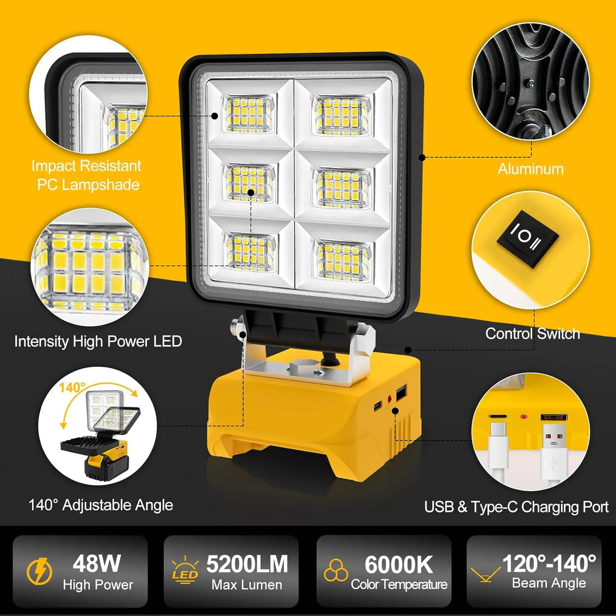 5200LM Portable 48W LED Work Light Cordless Work Light Adjustable Base Rechargeable LED Flood Light Compatible With DeWalt