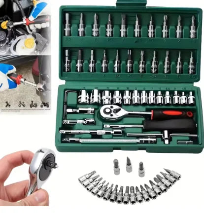 46pc Drive Socket Set 1/4 inch Ratchet Wrench Set Mechanic Tool Kits for Auto Repair Hous with Sockets Metric Hex Bit Socket Set