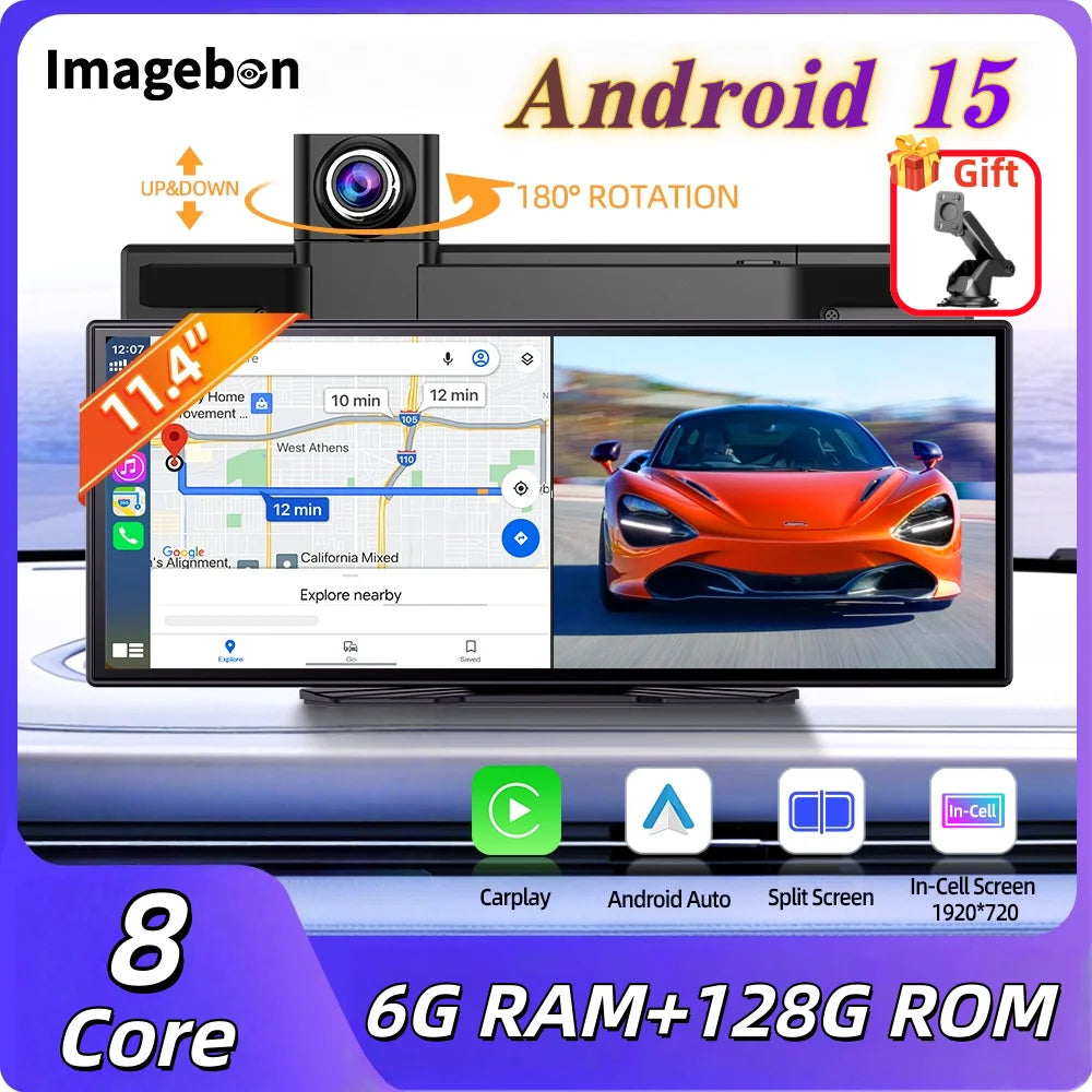 Imagebon P70 Plus 11.4" Android 15 CarPlay & Dash Cam Split-Screen