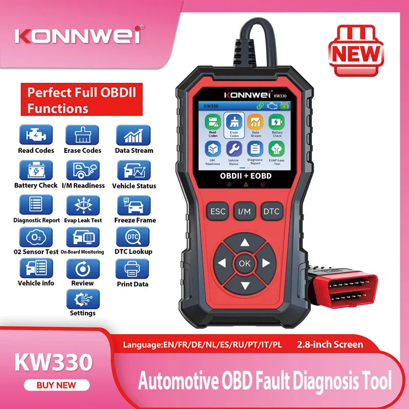 2026 KONNWEI KW330 Car OBD2 Fault Scanner Engine Battery Test  Fault Code Clear Real-Time Data Professional OBD Inspection Tool