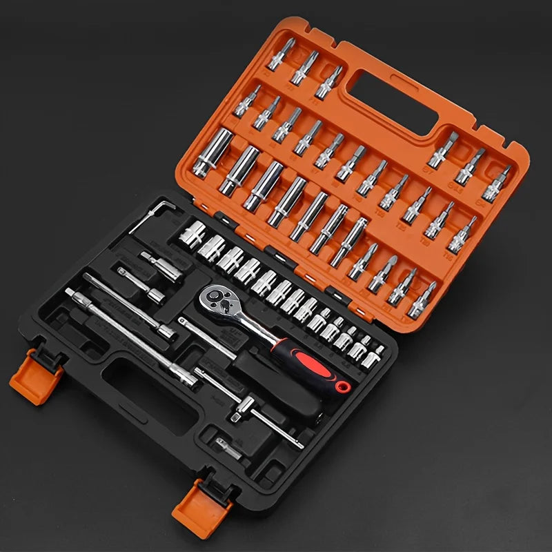 53-Piece Steel Car Repair Tool Set with Sockets and Case for Motorcycles