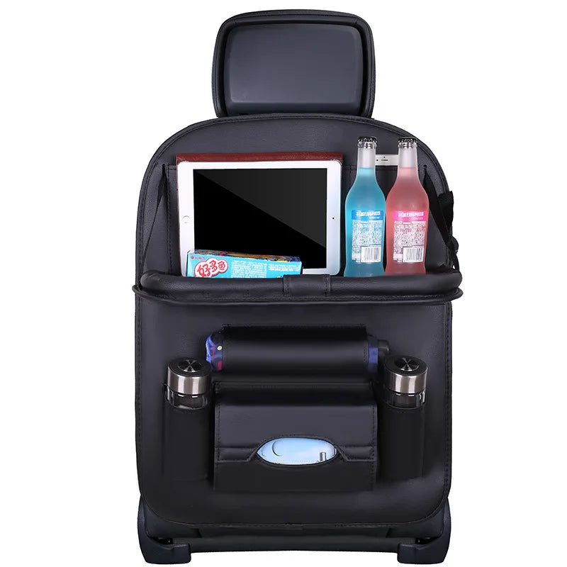 Car Seat Back Organizer with Foldable Table Tray, PU Leather Storage, Pockets, Kick Mats, Interior Accessories