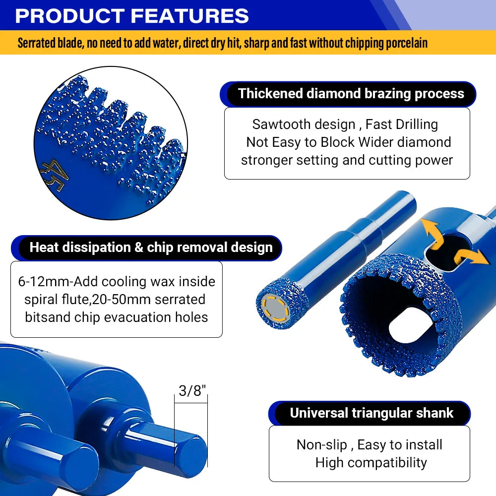 LOZLIN 10PCS Diamond Core Drill Bit Set 6-50mm Vacuum Brazed Hole Saw Kit for Porcelain Tile Ceramic Tile Granite Marble Stone Dry Drilling Cutter Tool Diamond Hole Cutter Drill Bits for Angle Grinder Hand Drill