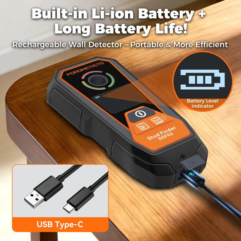 DSF02 6-in-1 Wall Scanner Type-C Rechargeable Stud Finder with Deep Modes, AC Wire, Metal & Pipe Detection for Safe Drilling