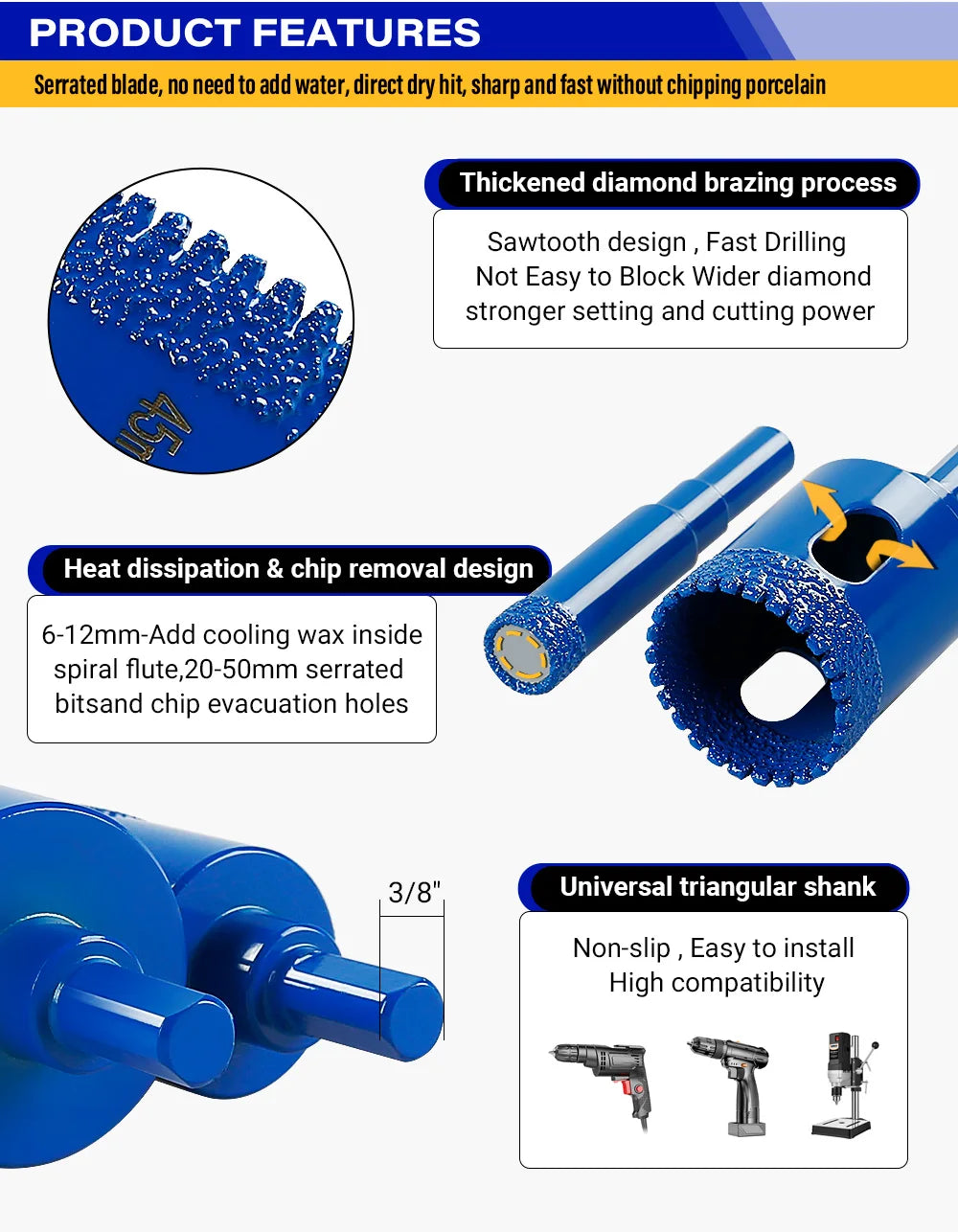 LOZLIN 10PCS Diamond Core Drill Bit Set 6-50mm Vacuum Brazed Hole Saw Kit for Porcelain Tile Ceramic Tile Granite Marble Stone Dry Drilling Cutter Tool Diamond Hole Cutter Drill Bits for Angle Grinder Hand Drill