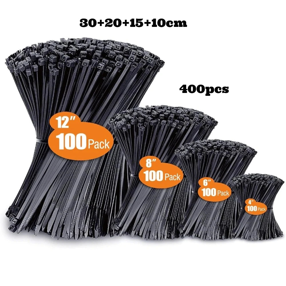 Zip Ties Assorted Sizes 4 6 8 12 Inch 100/400 Pack Black UV Resistant Cable Ties