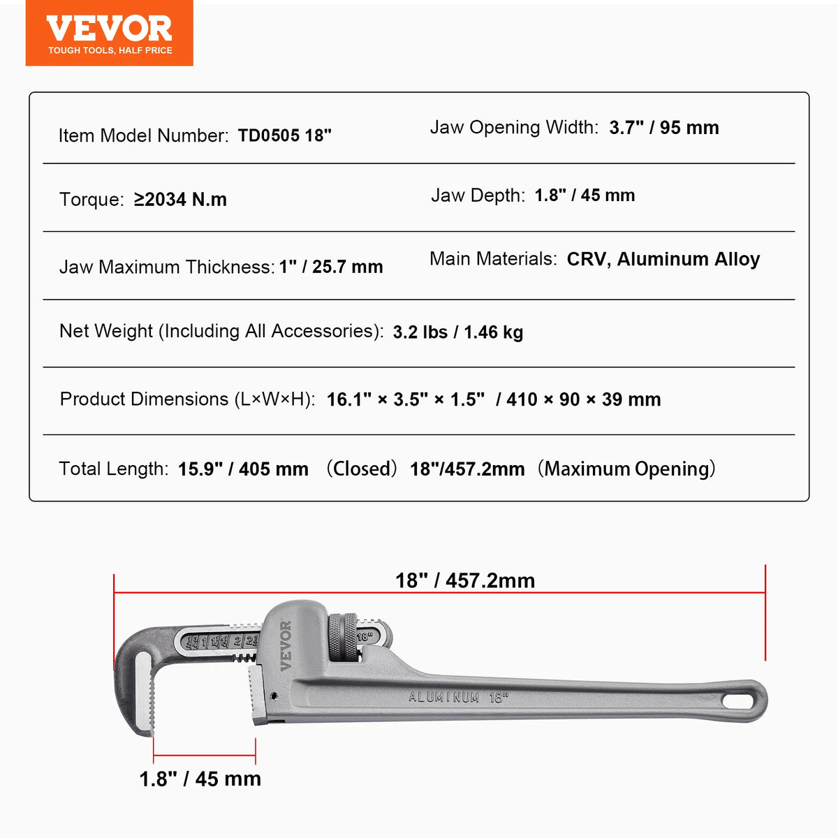 Aluminum Straight Pipe Wrench, Adjustable Plumbing Wrench with High Strength Jaw and Ergonomic Handle, Automotive