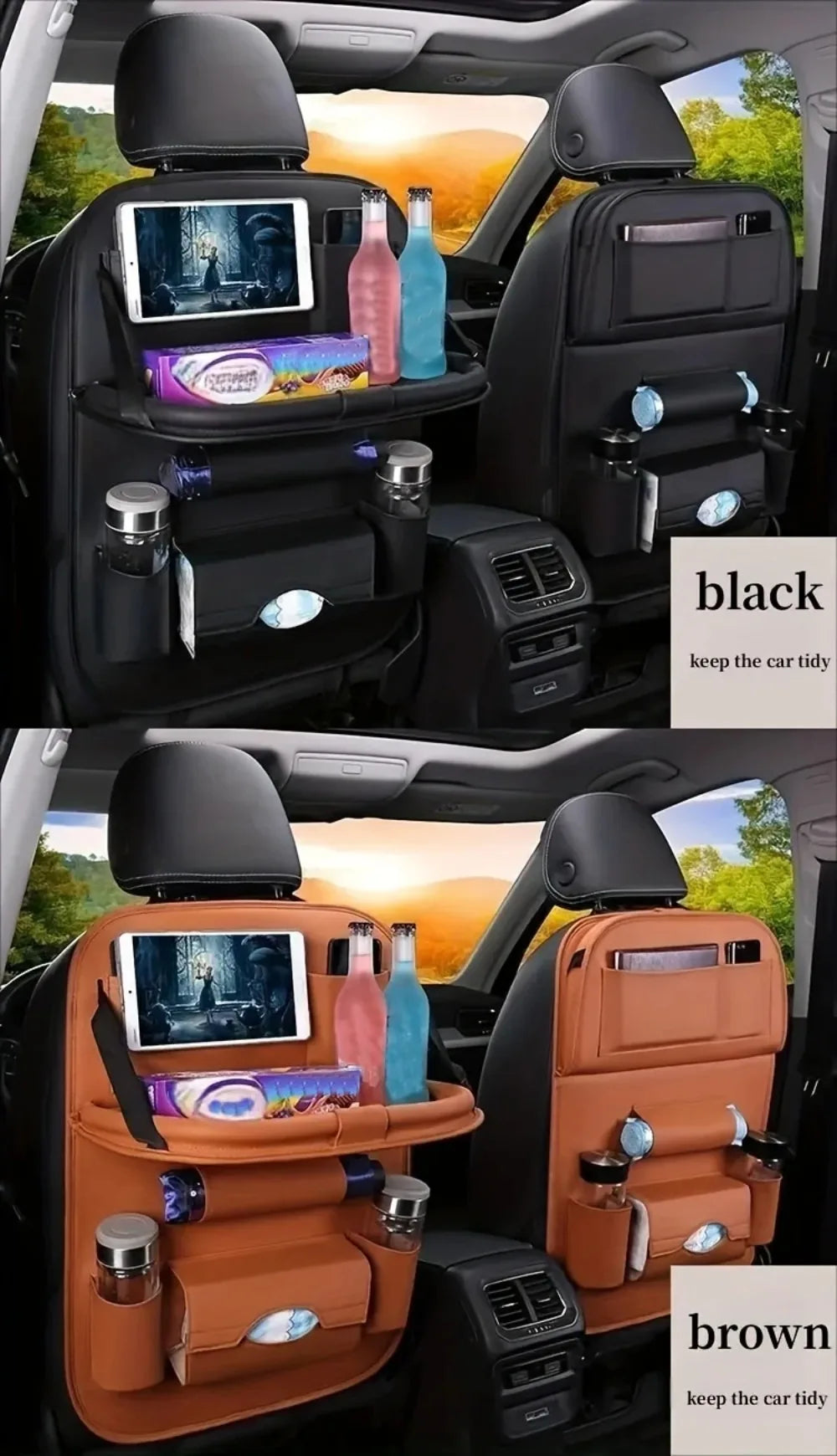 PU Leather Car Seat Back Organizer with Foldable Tray
