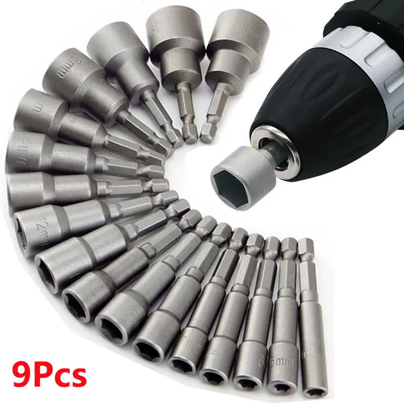 9pcs Hex Shank Socket Set, 5-13mm Metric Impact Socket Bits with Storage Bar,High Hardness Drill Socket Adapter Kit for Electric