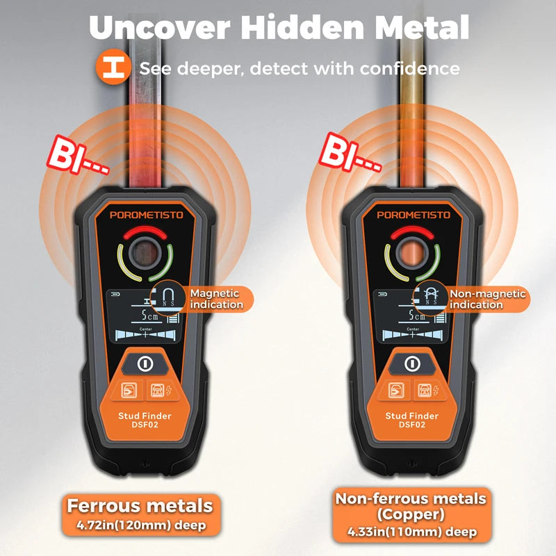 DSF02 6-in-1 Wall Scanner Type-C Rechargeable Stud Finder with Deep Modes, AC Wire, Metal & Pipe Detection for Safe Drilling