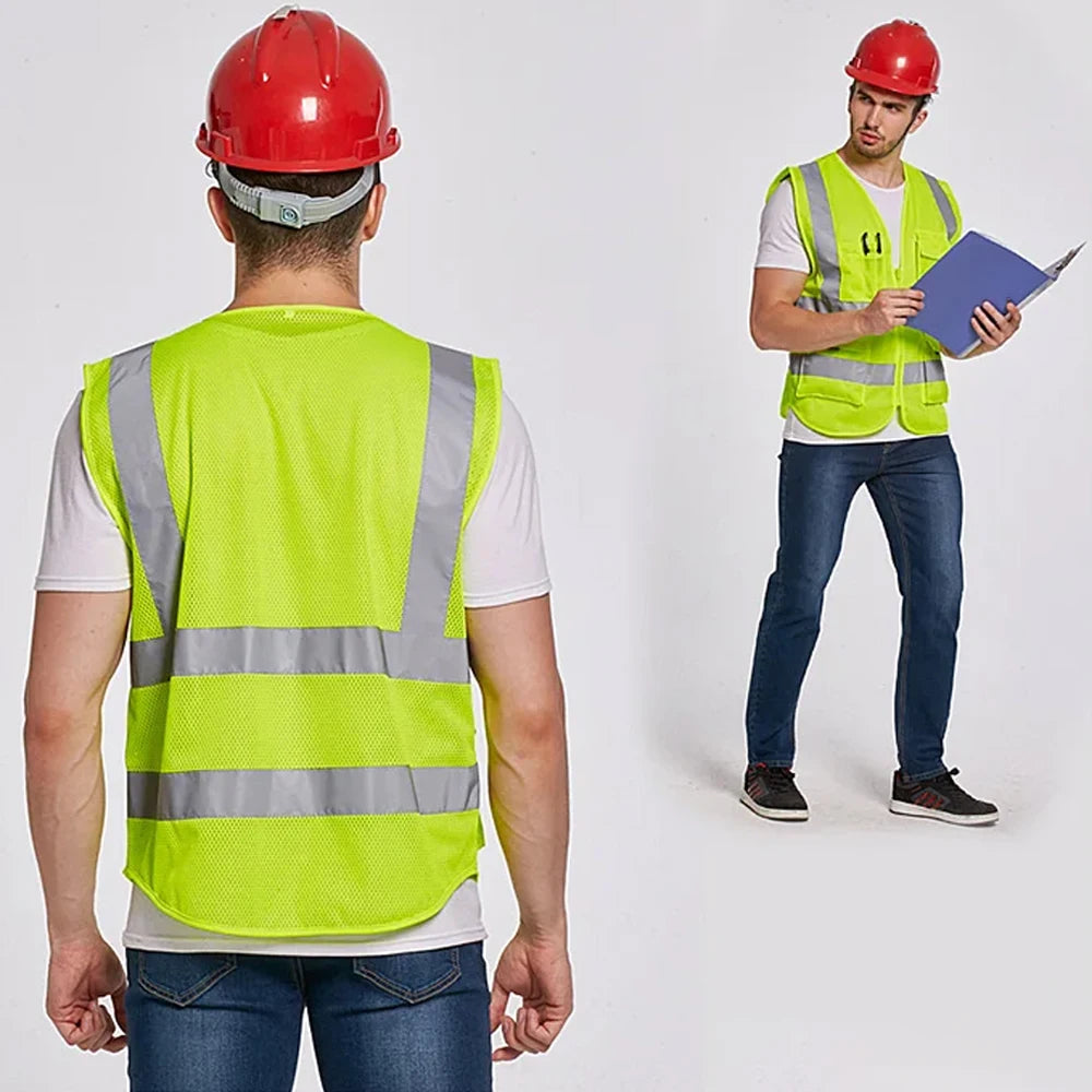 Hi Vis Workwear Men's Work Vest with Mesh Fabric Summer Breathable Multi Pockets Construction Industrial Safety Clothing