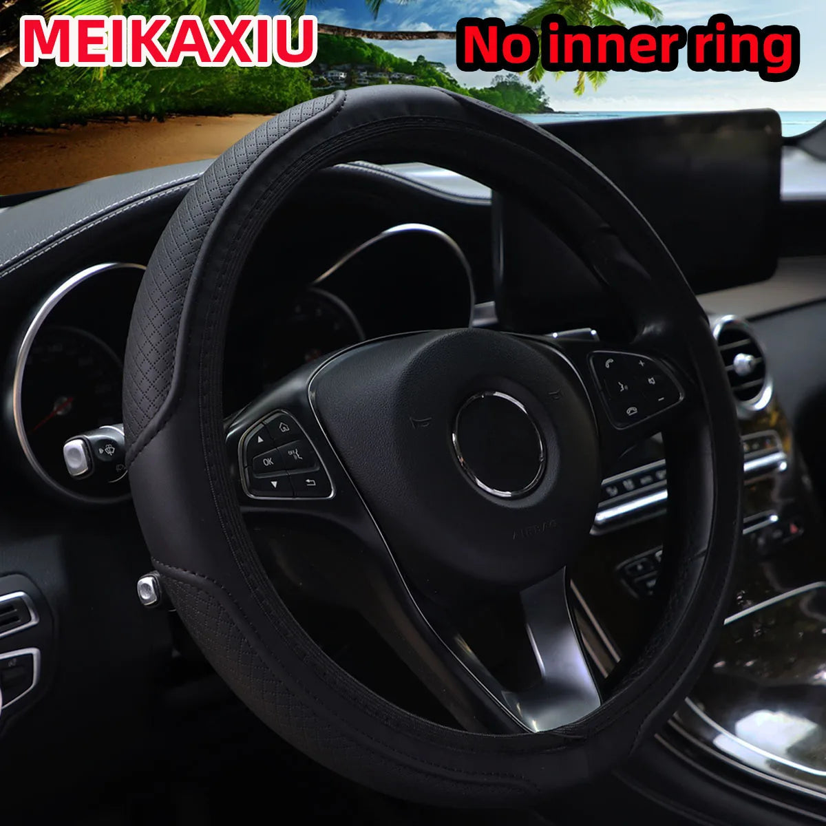Embossed PU Leather Steering Wheel Cover, 14.5-15 Inch