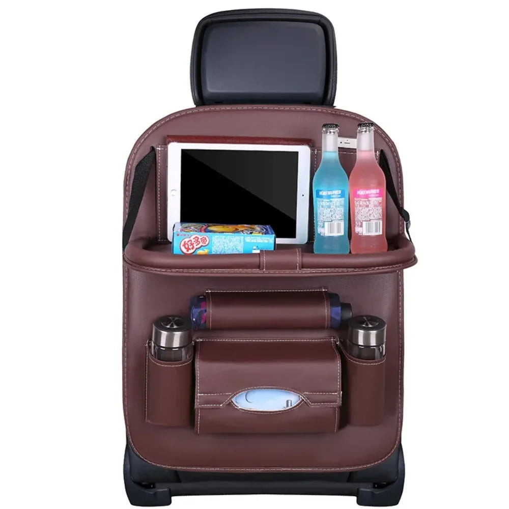 PU Leather Car Seat Back Organizer with Foldable Tray