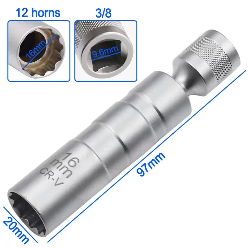 Spark Plug Socket Wrench Adapter 14mm 16mm Set Magnetic Flexible 3/8 Inch Drive