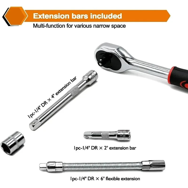 46Pcs Car Repair Tool Kit 1/4 Socket Set with Ratchet Wrench and Screwdriver for Machine Repair