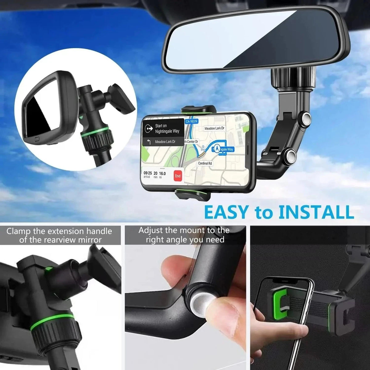 360° Rearview Mirror Phone Holder – Retractable Car Mount