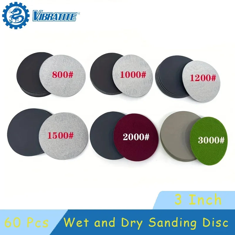 75mm 3-Inch Wet and Dry Sanding Discs 60 Pcs Assorted 800-3000 Grit for Car Polishing