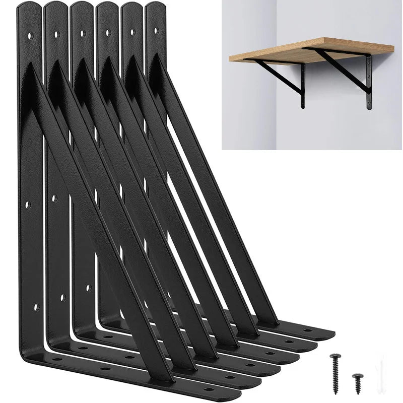 6-Piece Black Steel Tripod Floating Shelf Brackets