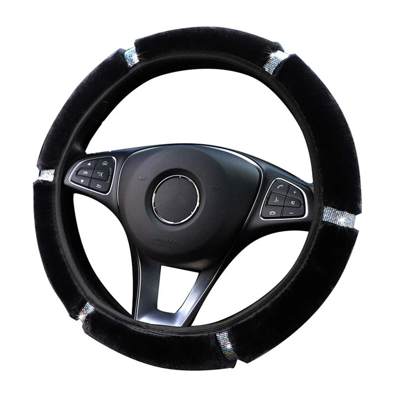 Plush Steering Wheel, Gearshift & Handbrake Cover Set with Rhinestones