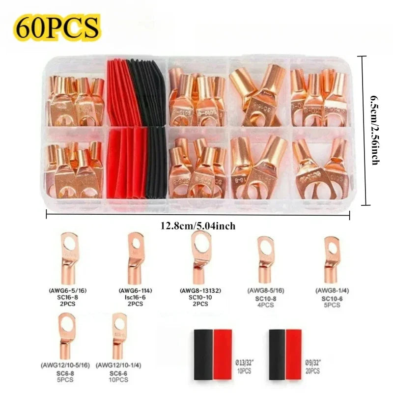 60/100/220pcs Copper Ring Lug Terminal Kit AWG 4 6 8 10 12 With Shrink Tubing
