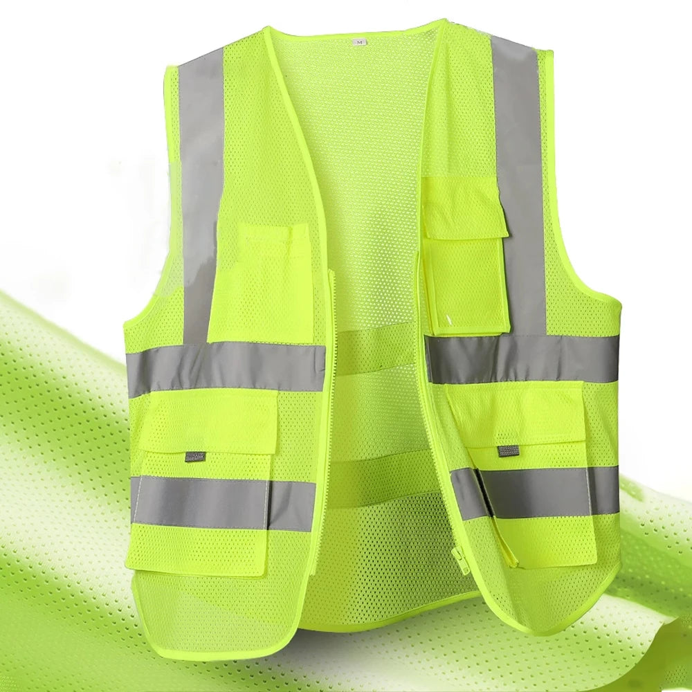Hi Vis Workwear Men's Work Vest with Mesh Fabric Summer Breathable Multi Pockets Construction Industrial Safety Clothing