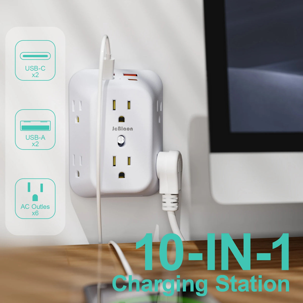6-Outlet Surge Protector with 4 USB Ports (2A + 2C)