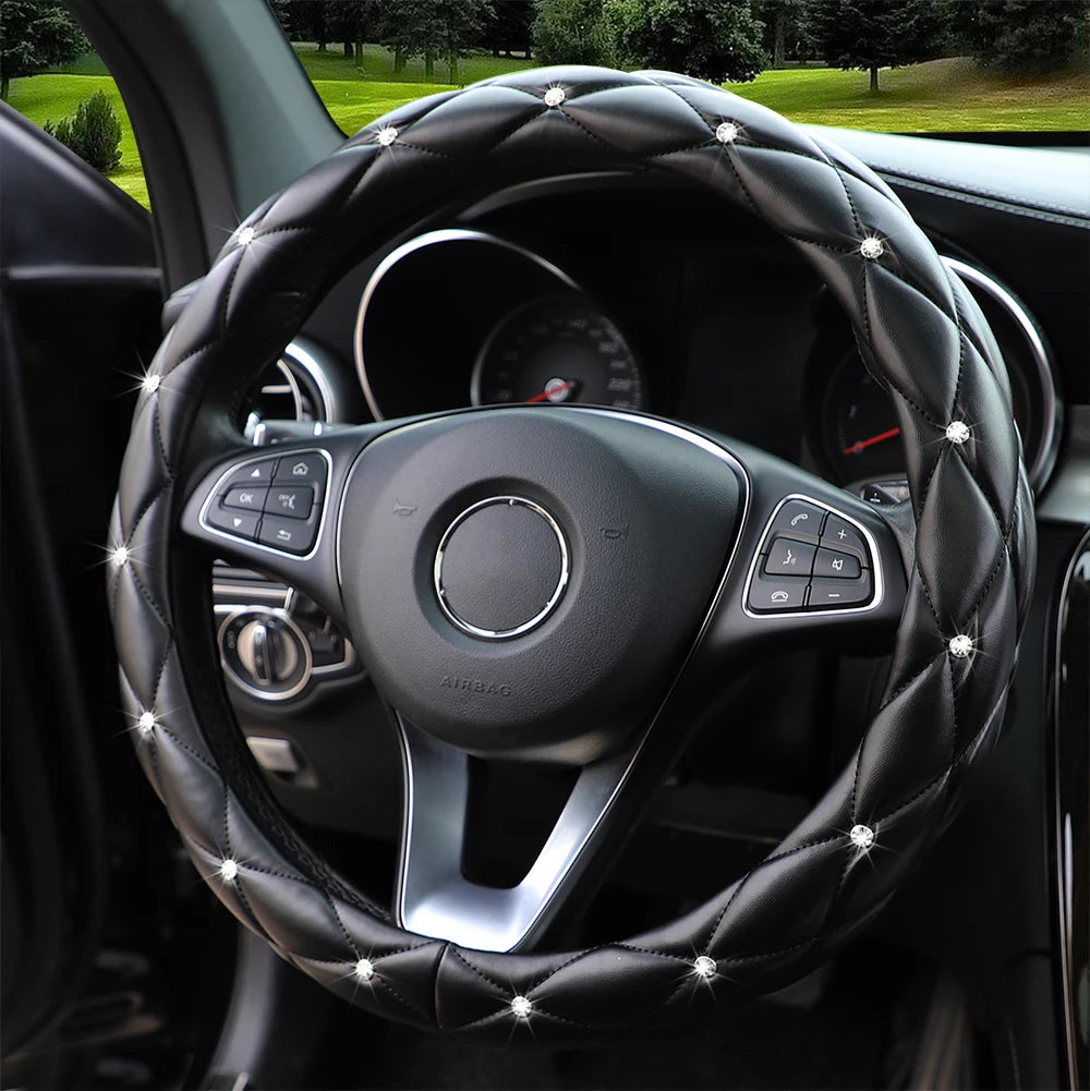 Embroidered Steering Wheel Cover with Diamond-Studded Inner Ring, 14.5-15"