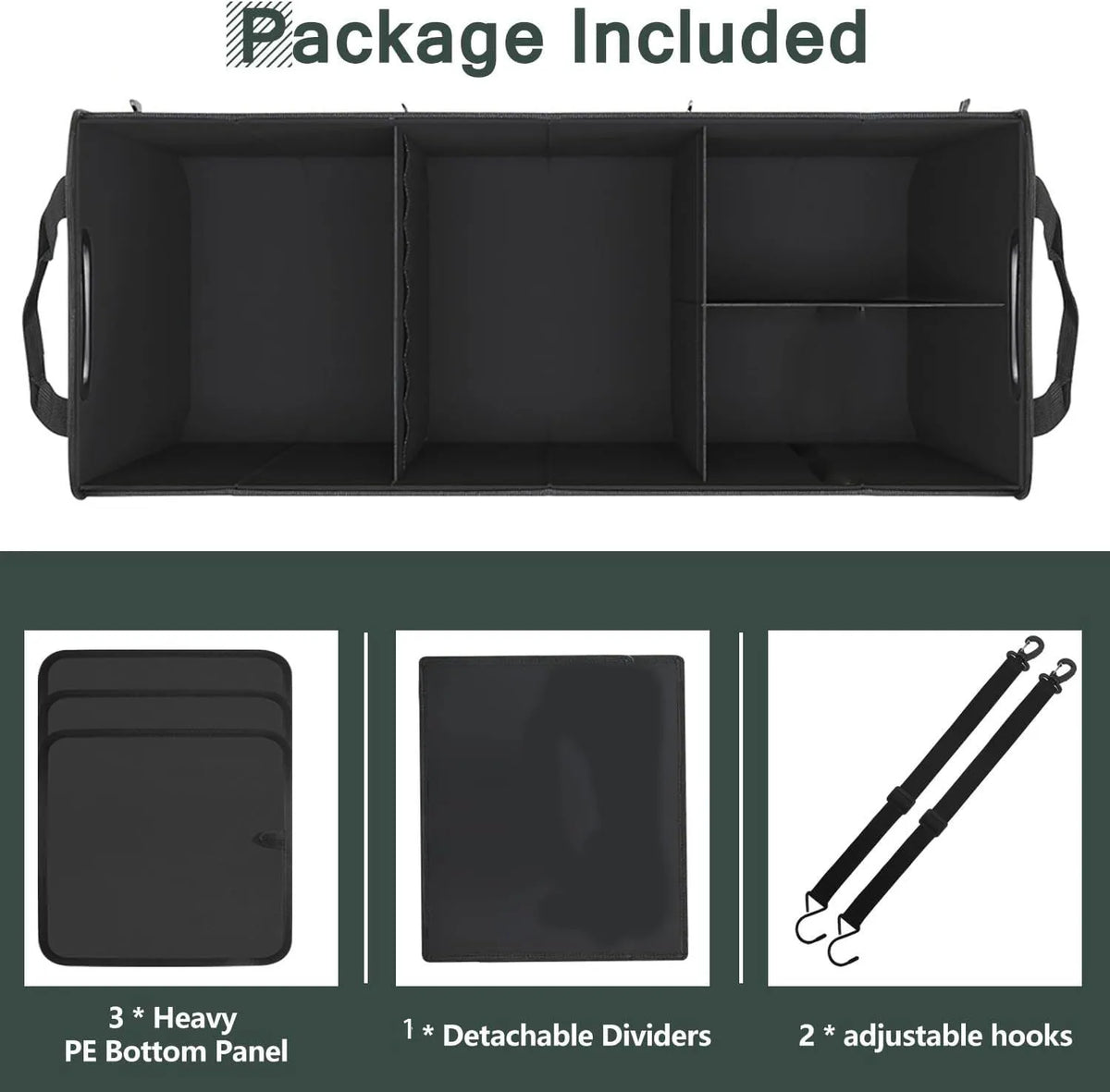 Trunk Organizer for Car, 95L Large Capacity Storage with Non-Slip Bottom Strips and 2 Retractable Straps