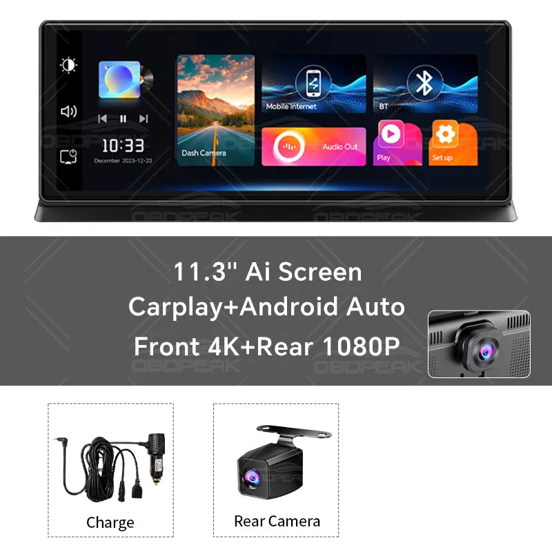 11.3" 4K Dash Cam Screen with Wireless CarPlay & Android Auto, Dual Lens