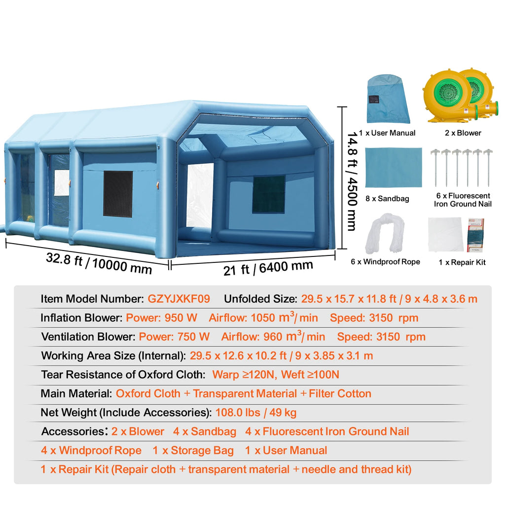 Inflatable Portable Car Paint Spray Booth with Blowers and Air Filter