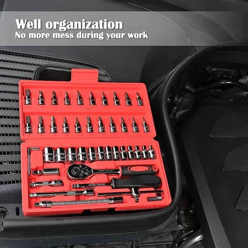 46Pcs Car Repair Tool Kit 1/4 Socket Set with Ratchet Wrench and Screwdriver for Machine Repair