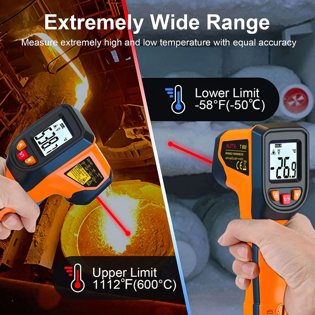 T600 Digital Infrared Thermometer Gun, -50°C to 600°C, Industrial Laser