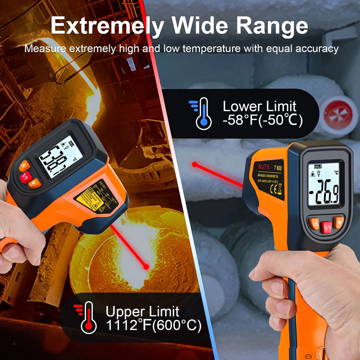 T600 Digital Infrared Thermometer Gun -58°F to 1112°F (-50°C to 600°C), Professional Industrial Laser Temperature Gun