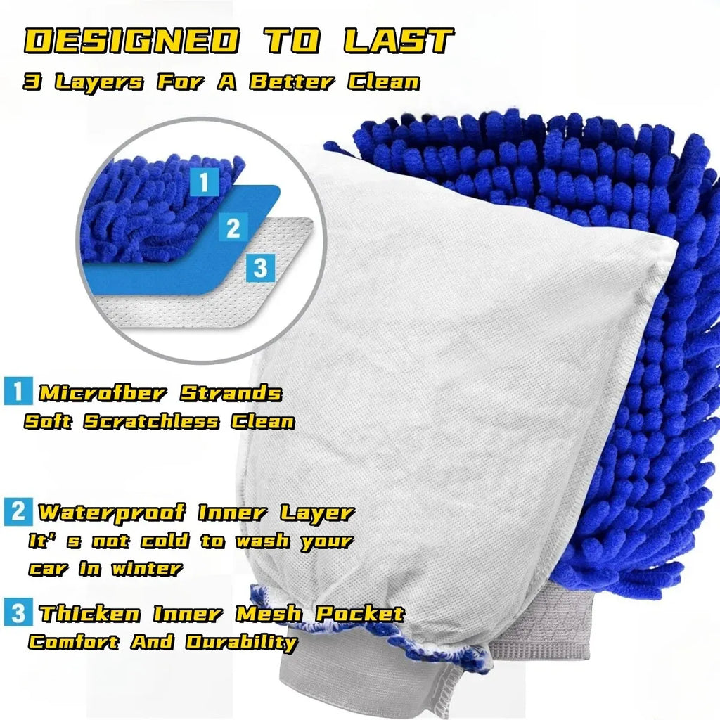 Ultra Absorbent Double-Sided Microfiber Car Wash Mitt, Chenille Scratch-Free Sponge Glove