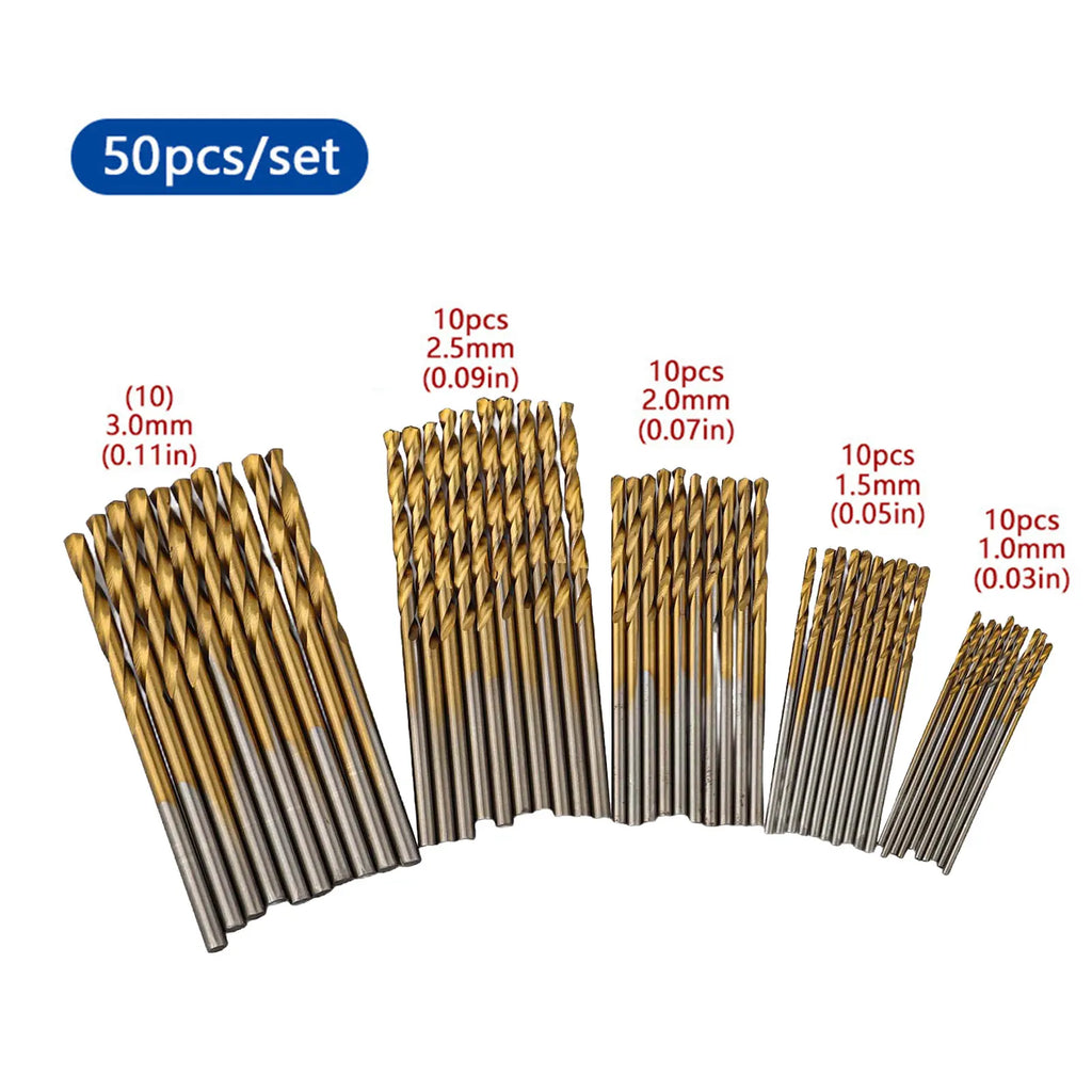 50 Piece HSS Drill Bit Set 1mm 1.5mm 2mm 2.5mm 3mm Gold Coated High Speed-Steel Drills For Metal Wood Plastic