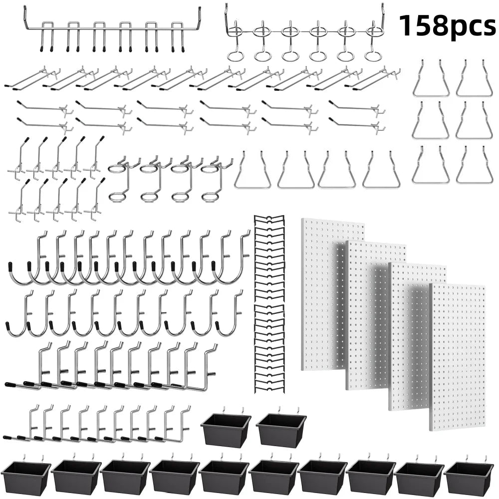 158PCS Metal Pegboard Wall Organizer, 12*24 Inch Black Pegboard Panels Tool Organizer Kit with Accessories Hooks and Bins