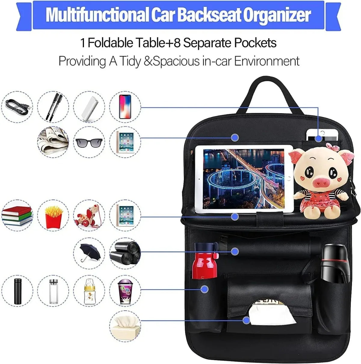 PU Leather Car Seat Back Organizer with Foldable Tray