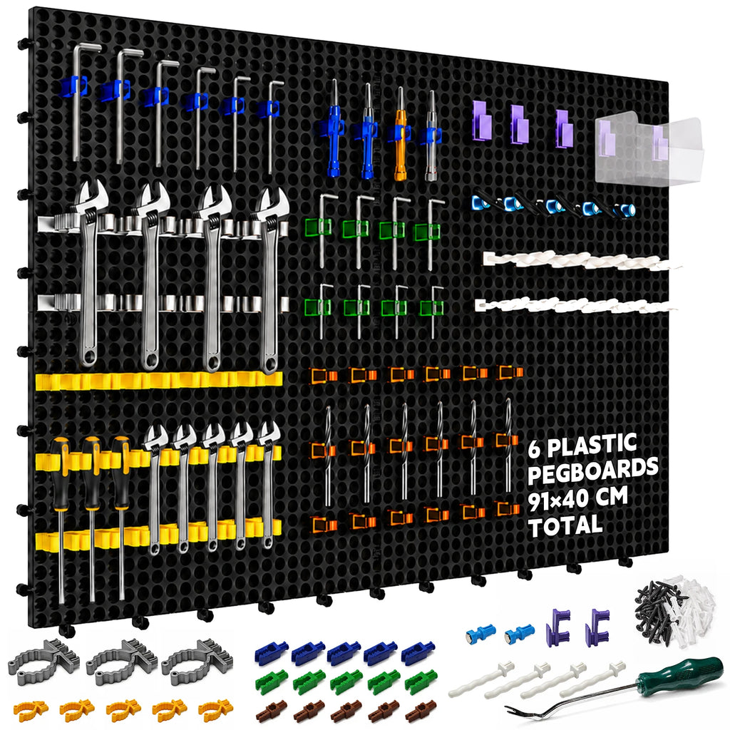 Plastic Pegboard Wall Organizer Kit, 6 Black Panels 91 X 40cm, 200 Accessories with Hooks, Clips & Holders, Modular Tool Storage