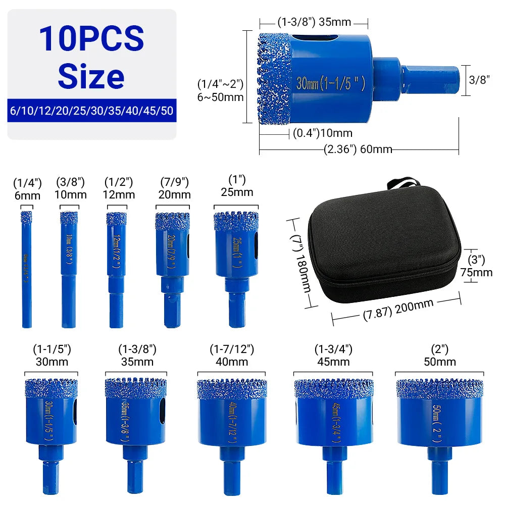 LOZLIN 10PCS Diamond Core Drill Bit Set 6-50mm Vacuum Brazed Hole Saw Kit for Porcelain Tile Ceramic Tile Granite Marble Stone Dry Drilling Cutter Tool Diamond Hole Cutter Drill Bits for Angle Grinder Hand Drill