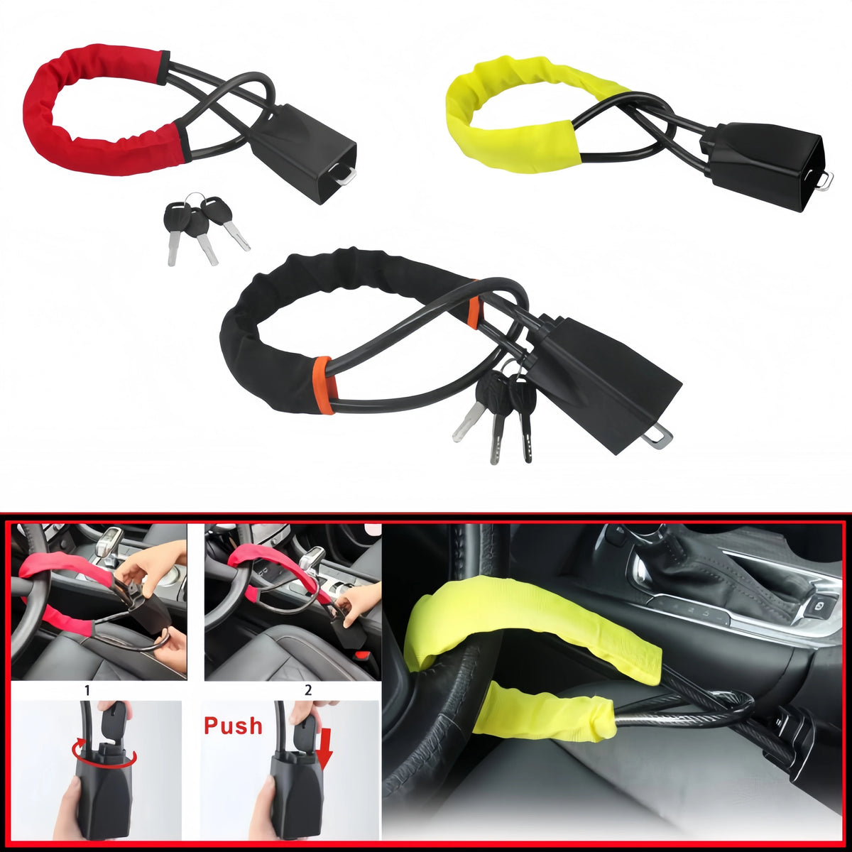 Car Steering Wheel Lock Anti-theft Steel Cable Security Device Universal Fit for Vehicles Prevent Theft Use Durable Protection