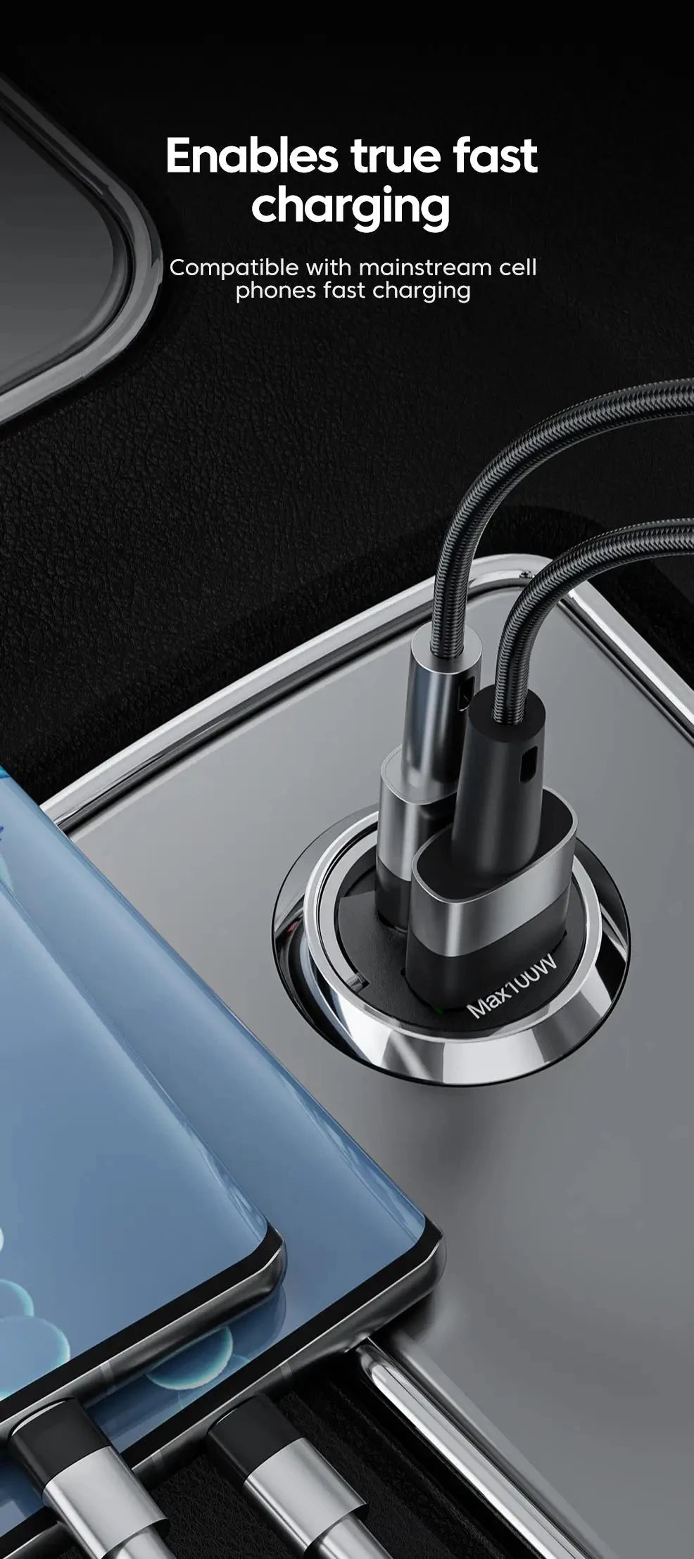 Mini Dual-Port USB and Type-C Car Charger with Pull Ring