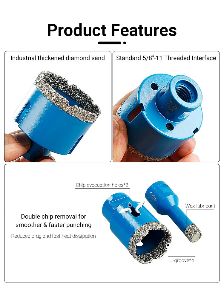LOZLIN 10Pcs Brazed Diamond Dry Drill Bits Hole Saw Set 5/8-11 Thread Diamond Hole Opener Tools Dry Cutting Core Drill Bit Kit for Ceramic Tile Granite Marble Quartz Stone Glass Porcelain Home Renovation Masonry Construction